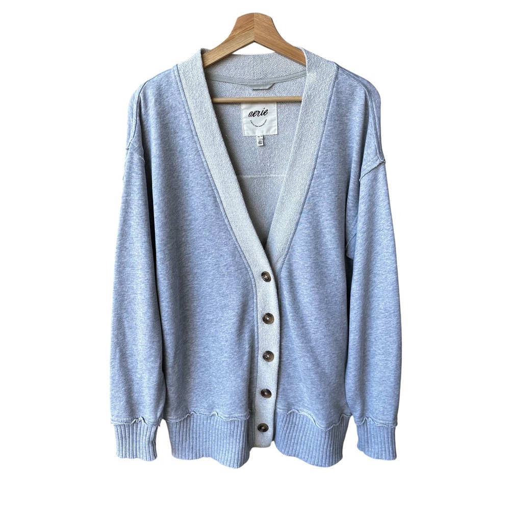 Aerie Sweater Cardigan Oversized V-Neck Button Front French Terry Grey Size XS